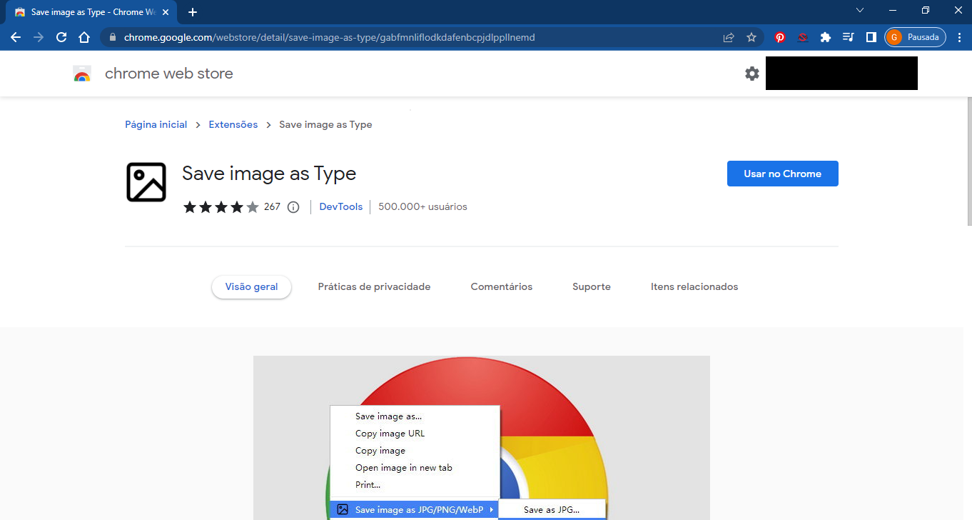 Extensão do navegador Google Chrome Save image as Type. Permite Salvar Fotos/imagens em Formatos JPG,PNG e Webp 