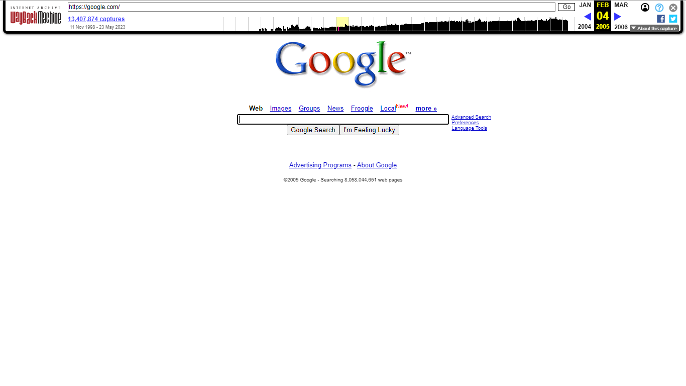 Esse é o Google.com na data e hora Sexta-feira, 04 de fevereiro de 2005 09:35:57 GMT