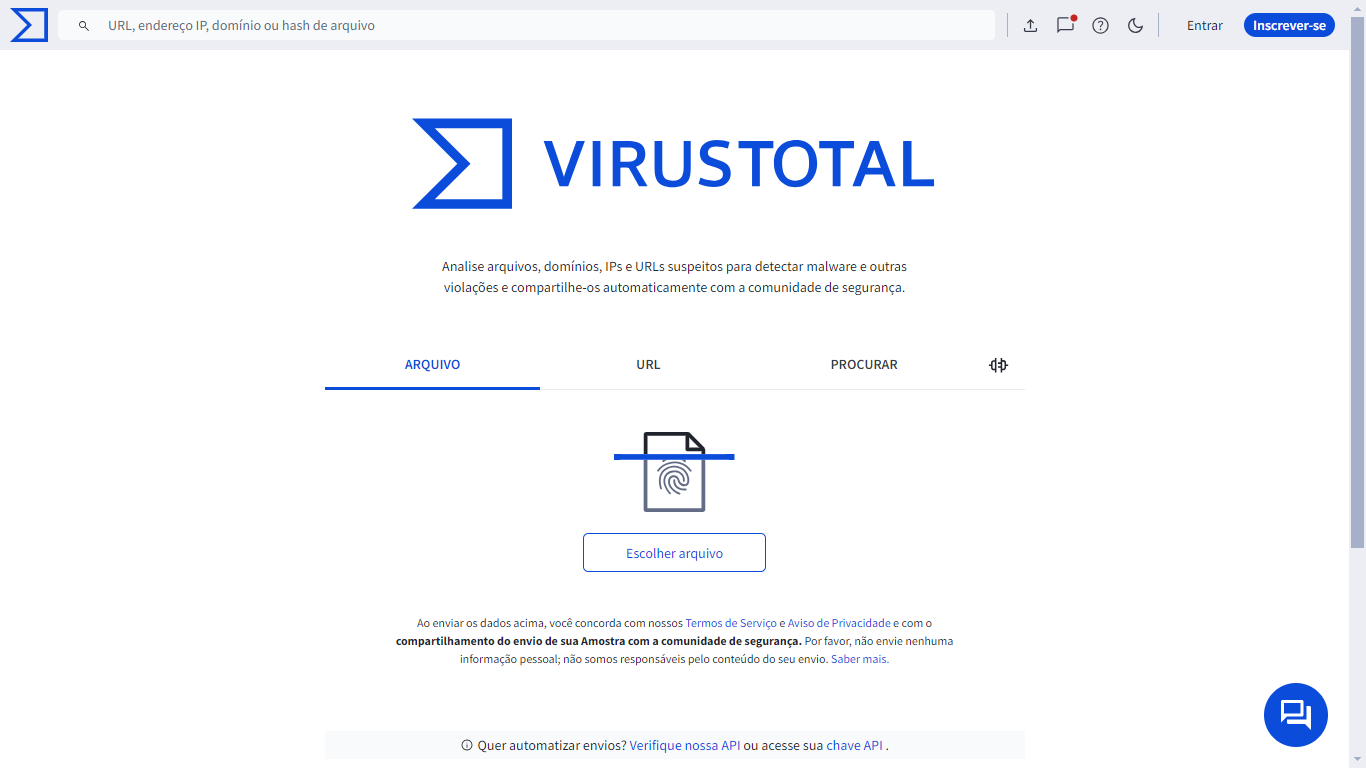 VirusTotal: Analise arquivos, URLs, IPs e domínios para detectar malware. Gratuito, fácil e com API para automação.